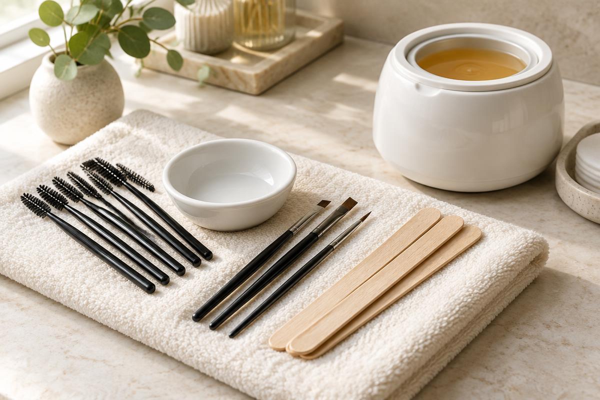 Brow brushes, tint bowl and professional waxing tools