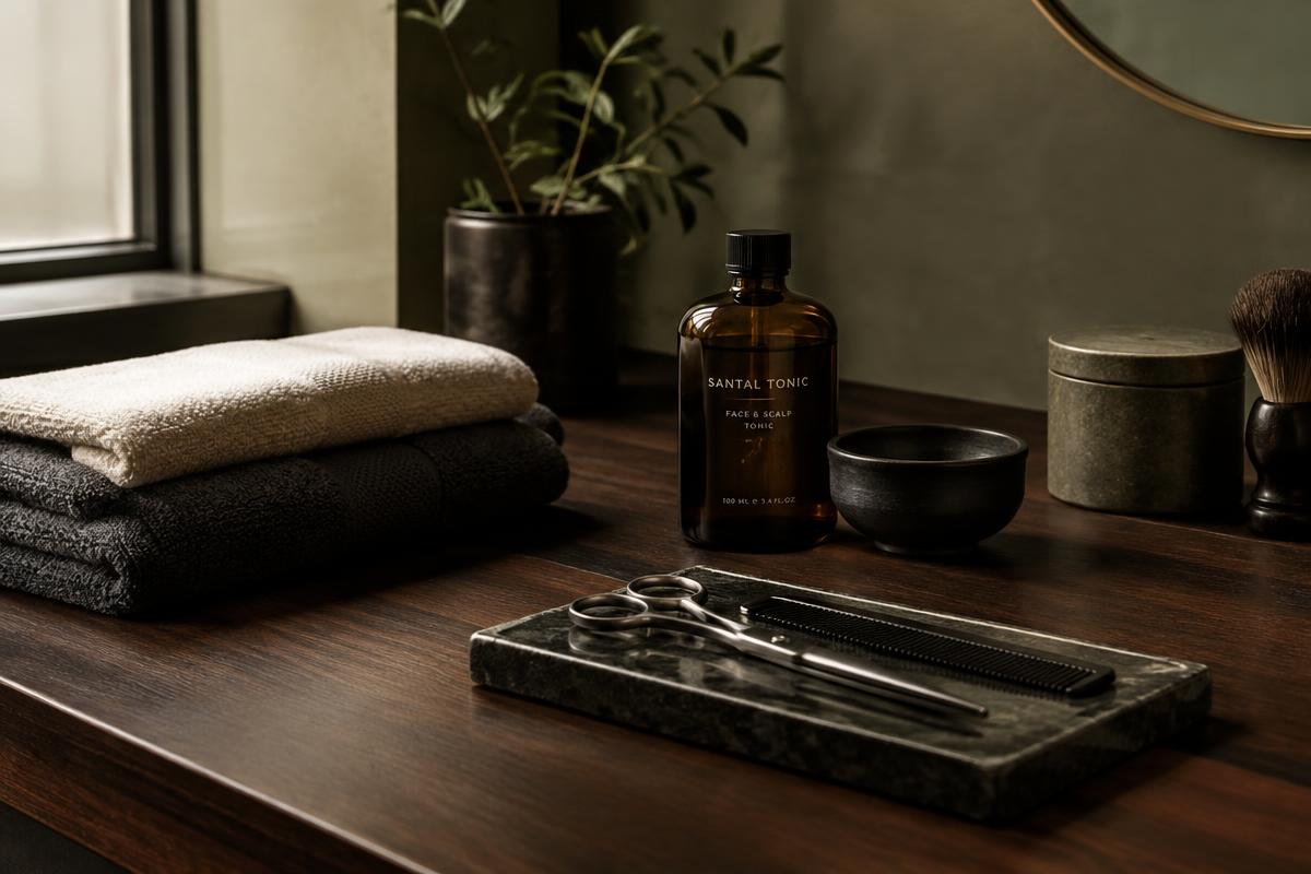 Grooming scissors, comb and tonic on a dark wooden counter