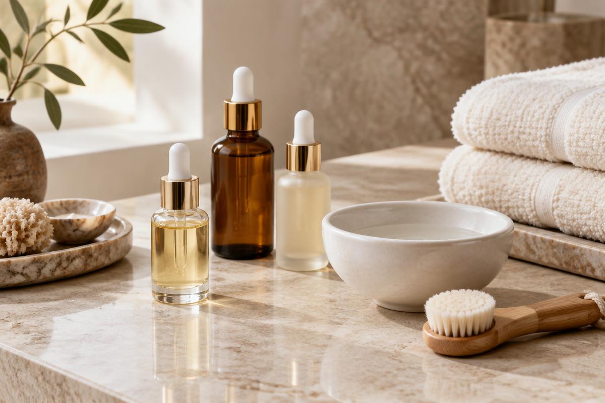 Skincare oils and serums beside soft linen and facial treatment essentials