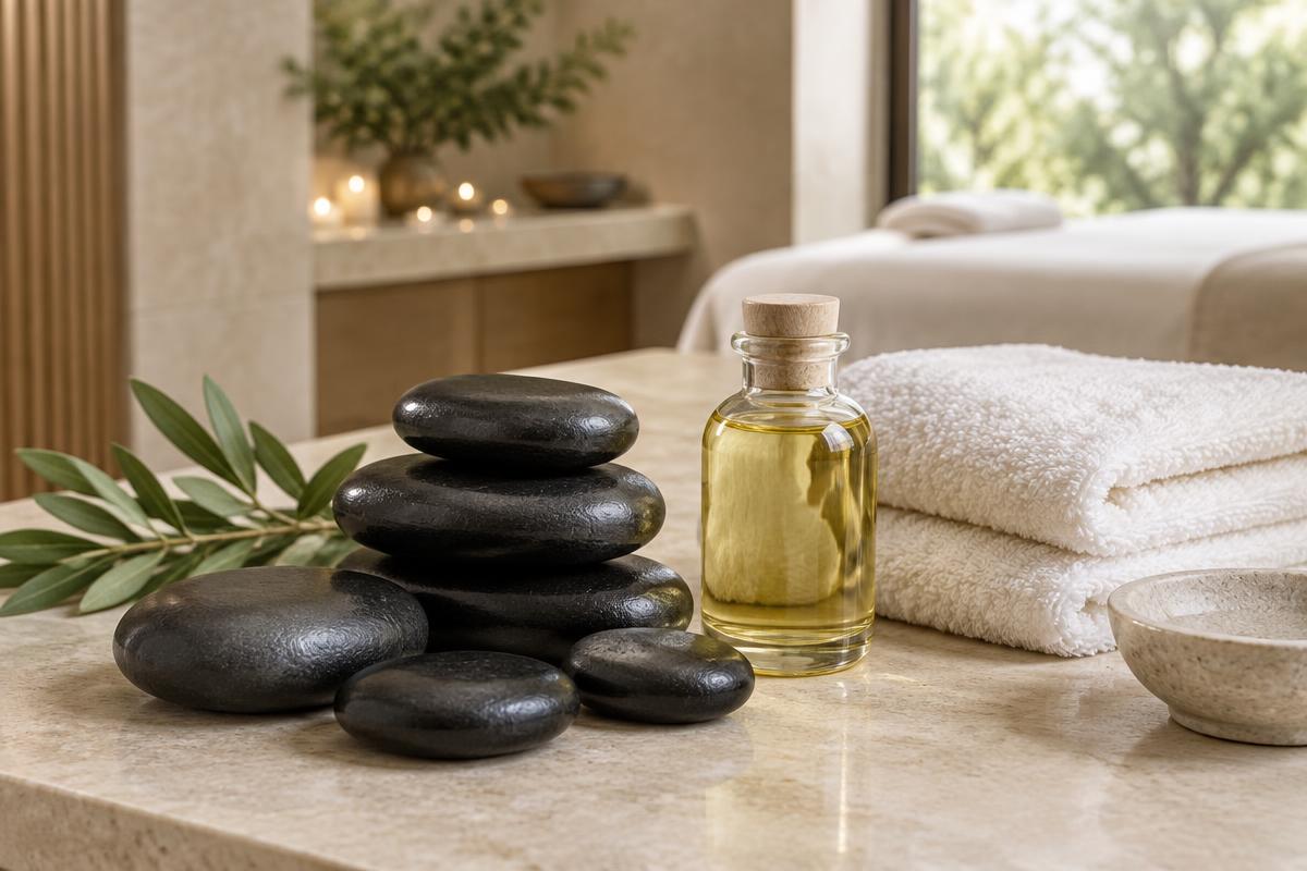 Smooth hot massage stones, oil and soft treatment towels