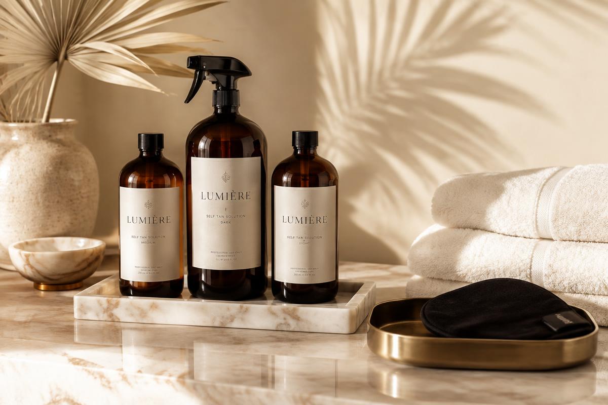 Professional spray tanning solutions on a marble tray with soft towels
