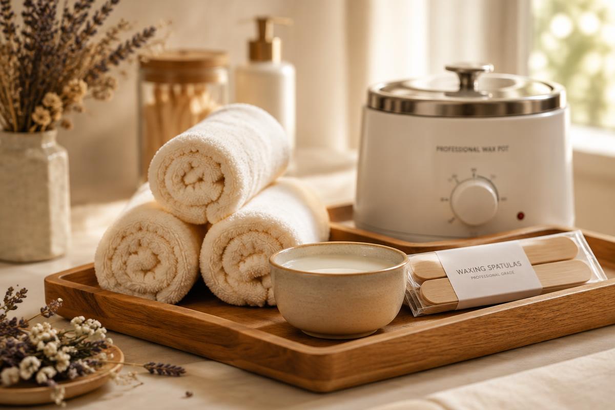 Rolled cream towels, professional wax pot and waxing spatulas on a wooden tray